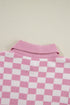 Collared Checkerboard Knit Button Placket Pullover Sweater
