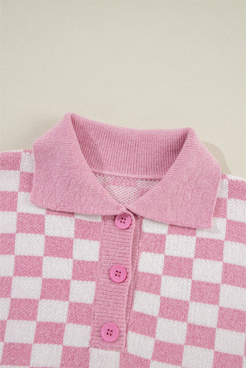 Collared Checkerboard Knit Button Placket Pullover Sweater