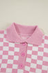 Collared Checkerboard Knit Button Placket Pullover Sweater
