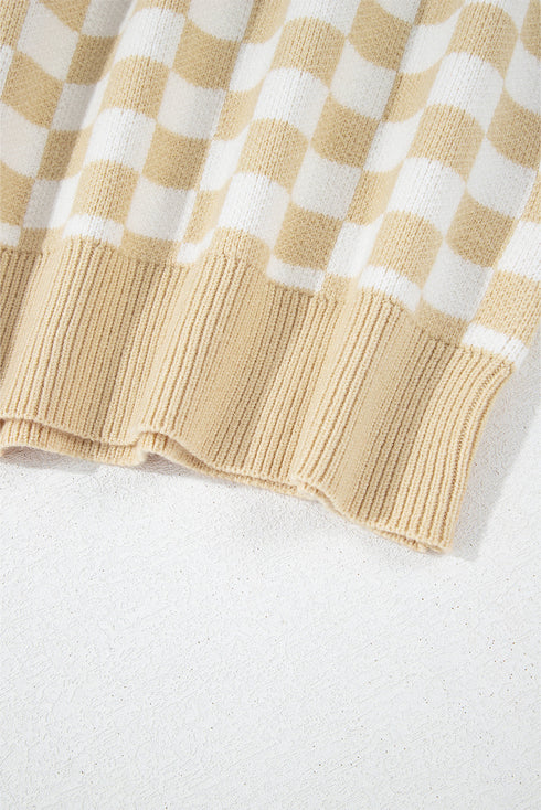 Collared Checkerboard Knit Button Placket Pullover Sweater