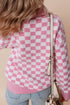 Collared Checkerboard Knit Button Placket Pullover Sweater
