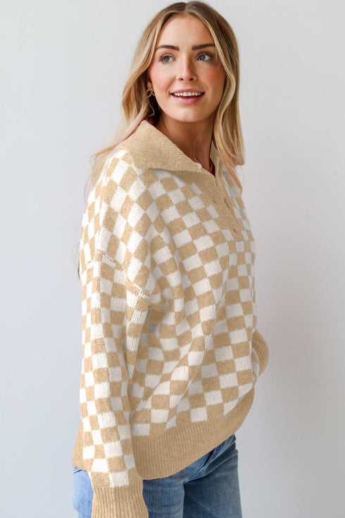 Collared Checkerboard Knit Button Placket Pullover Sweater
