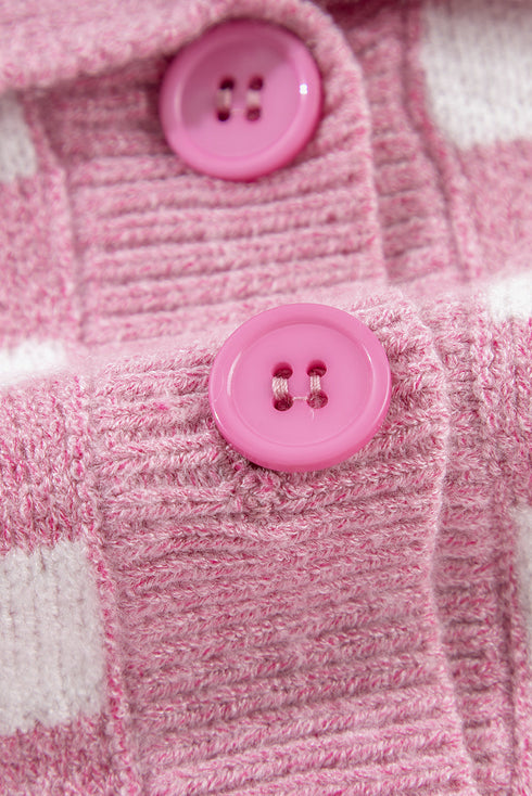Collared Checkerboard Knit Button Placket Pullover Sweater
