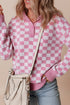 Collared Checkerboard Knit Button Placket Pullover Sweater