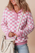 Collared Checkerboard Knit Button Placket Pullover Sweater