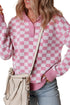 Collared Checkerboard Knit Button Placket Pullover Sweater