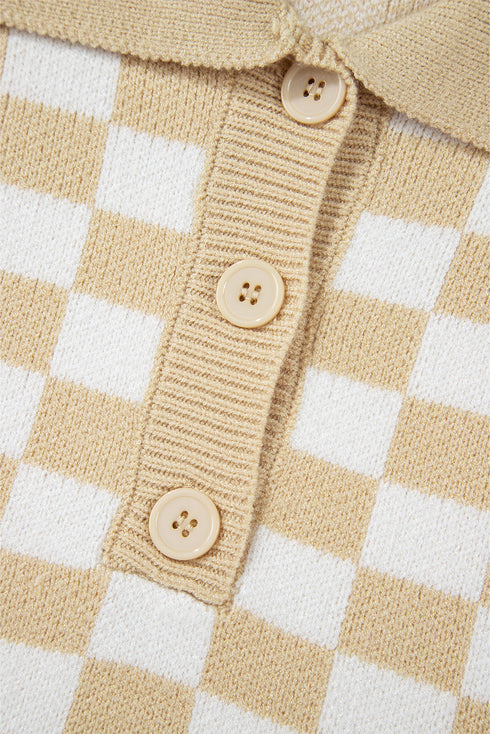 Collared Checkerboard Knit Button Placket Pullover Sweater