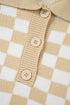 Collared Checkerboard Knit Button Placket Pullover Sweater