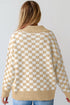 Collared Checkerboard Knit Button Placket Pullover Sweater