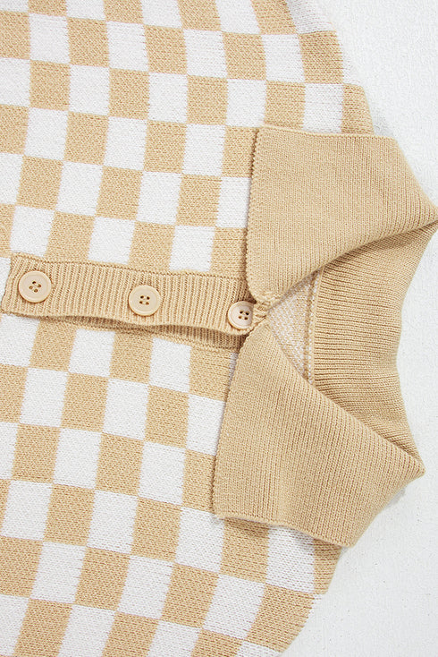 Collared Checkerboard Knit Button Placket Pullover Sweater