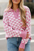 Collared Checkerboard Knit Button Placket Pullover Sweater