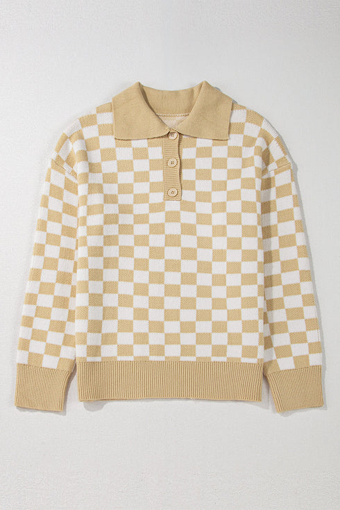 Collared Checkerboard Knit Button Placket Pullover Sweater