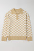 Collared Checkerboard Knit Button Placket Pullover Sweater