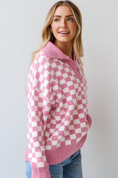 Collared Checkerboard Knit Button Placket Pullover Sweater