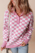 Collared Checkerboard Knit Button Placket Pullover Sweater