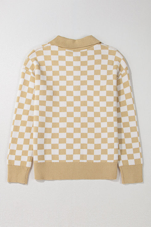 Collared Checkerboard Knit Button Placket Pullover Sweater