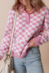 Collared Checkerboard Knit Button Placket Pullover Sweater