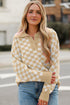 Collared Checkerboard Knit Button Placket Pullover Sweater