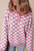 Collared Checkerboard Knit Button Placket Pullover Sweater