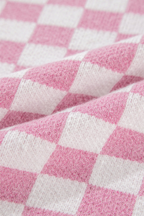 Collared Checkerboard Knit Button Placket Pullover Sweater