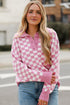 Collared Checkerboard Knit Button Placket Pullover Sweater