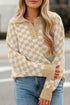 Collared Checkerboard Knit Button Placket Pullover Sweater