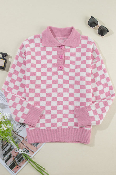 Collared Checkerboard Knit Button Placket Pullover Sweater
