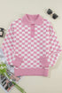 Collared Checkerboard Knit Button Placket Pullover Sweater