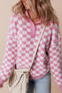 Collared Checkerboard Knit Button Placket Pullover Sweater