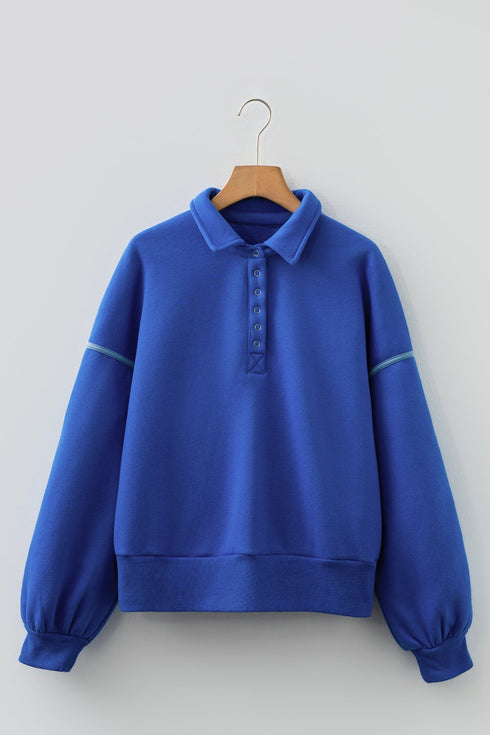 Collared Drop Shoulder Snap Placket Pullover Sweatshirt