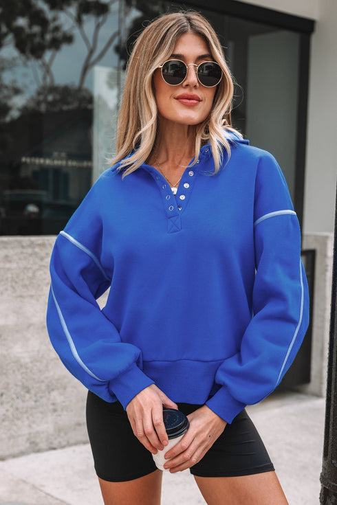 Collared Drop Shoulder Snap Placket Pullover Sweatshirt
