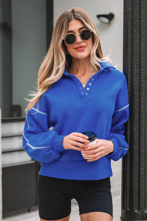 Collared Drop Shoulder Snap Placket Pullover Sweatshirt