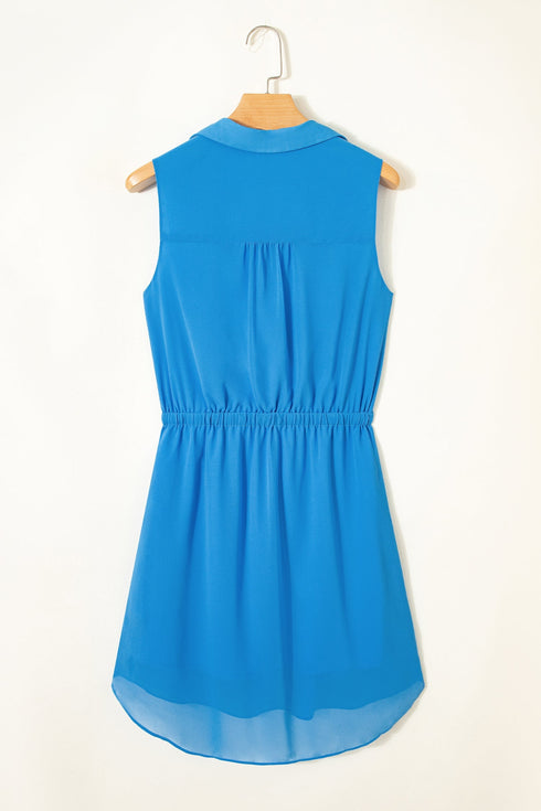 Collared Half Button Sleeveless Elastic Waist Shirt Mini Dress