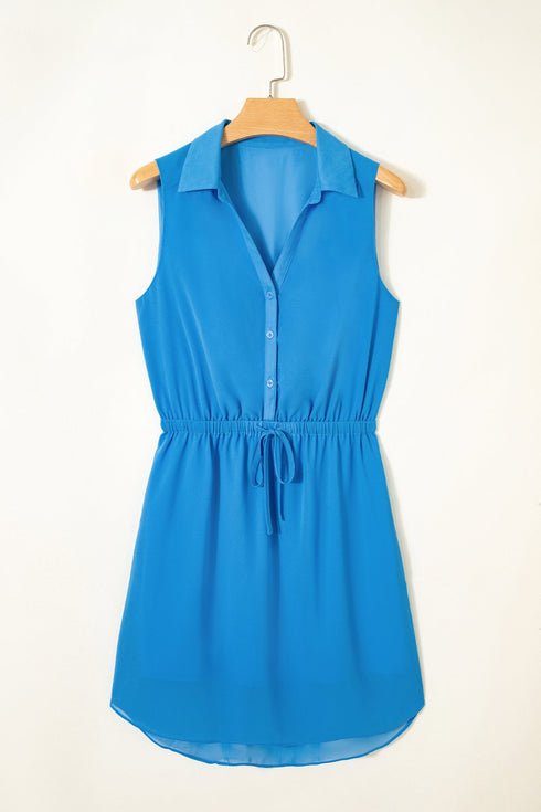 Collared Half Button Sleeveless Elastic Waist Shirt Mini Dress