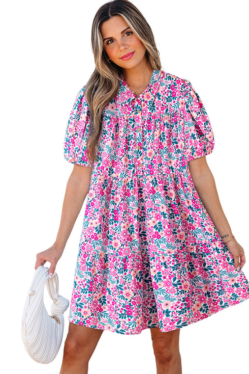Collared Half Placket Short Sleeve Loose Fit Floral Dress