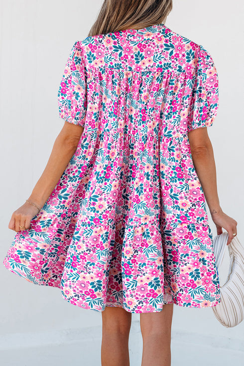 Collared Half Placket Short Sleeve Loose Fit Floral Dress