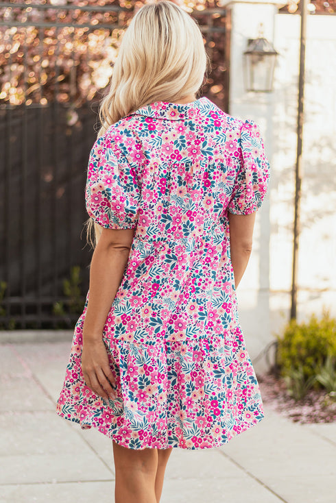 Collared Half Placket Short Sleeve Loose Fit Floral Dress