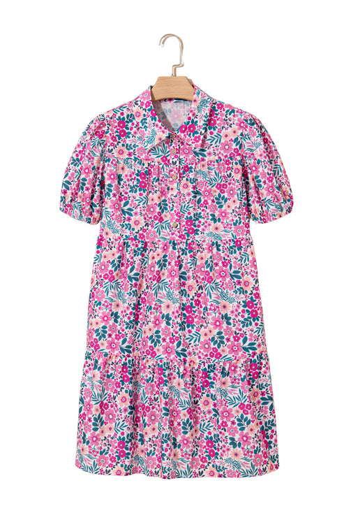 Collared Half Placket Short Sleeve Loose Fit Floral Dress