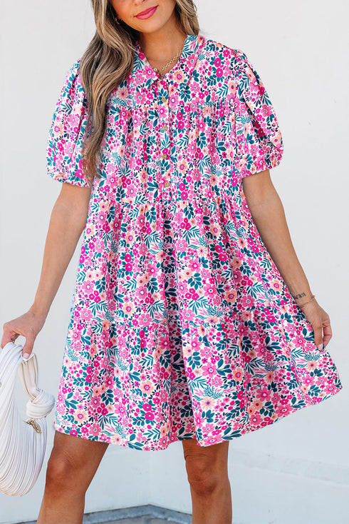Collared Half Placket Short Sleeve Loose Fit Floral Dress