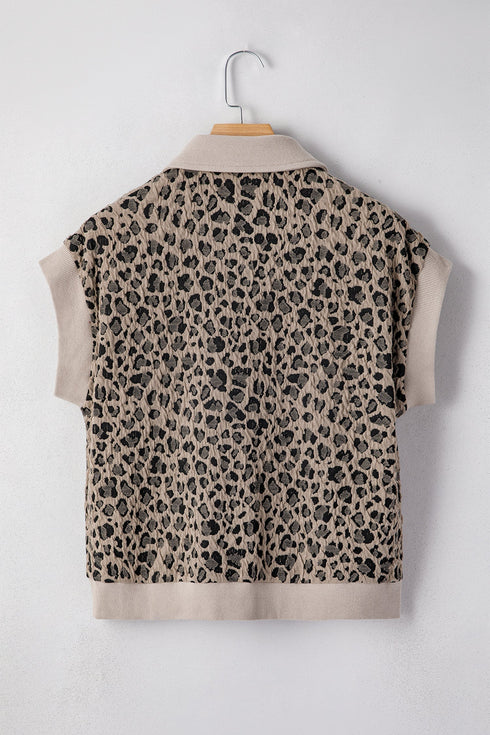 Collared Half Zip Cap Sleeve Animal Pattern Top