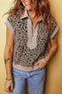 Collared Half Zip Cap Sleeve Animal Pattern Top