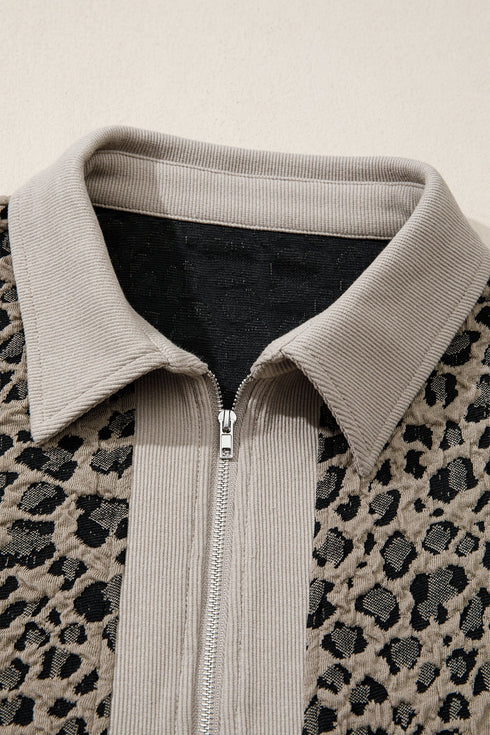 Collared Half Zip Cap Sleeve Animal Pattern Top