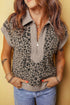 Collared Half Zip Cap Sleeve Animal Pattern Top