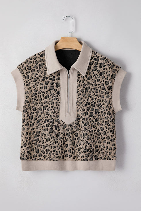Collared Half Zip Cap Sleeve Animal Pattern Top