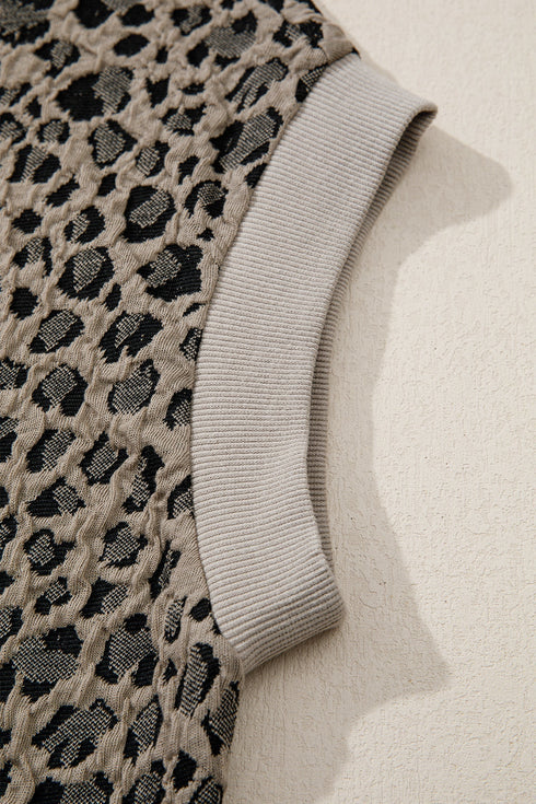 Collared Half Zip Cap Sleeve Animal Pattern Top