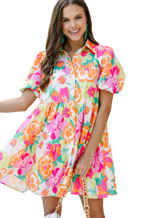 Collared Puff Sleeve Tiered Mini Shirt Dress