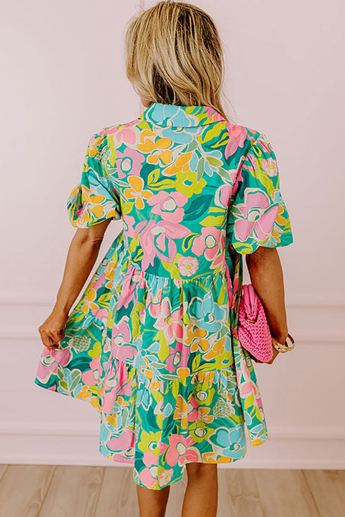 Collared Puff Sleeve Tiered Mini Shirt Dress