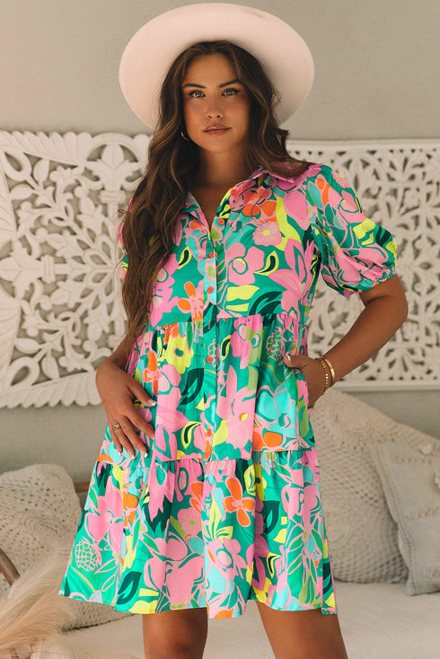 Collared Puff Sleeve Tiered Mini Shirt Dress