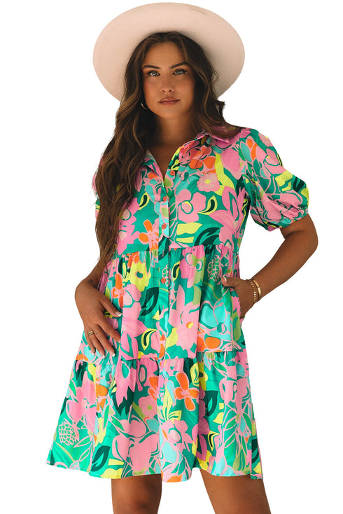 Collared Puff Sleeve Tiered Mini Shirt Dress