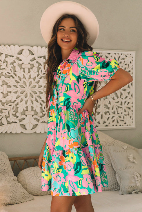 Collared Puff Sleeve Tiered Mini Shirt Dress